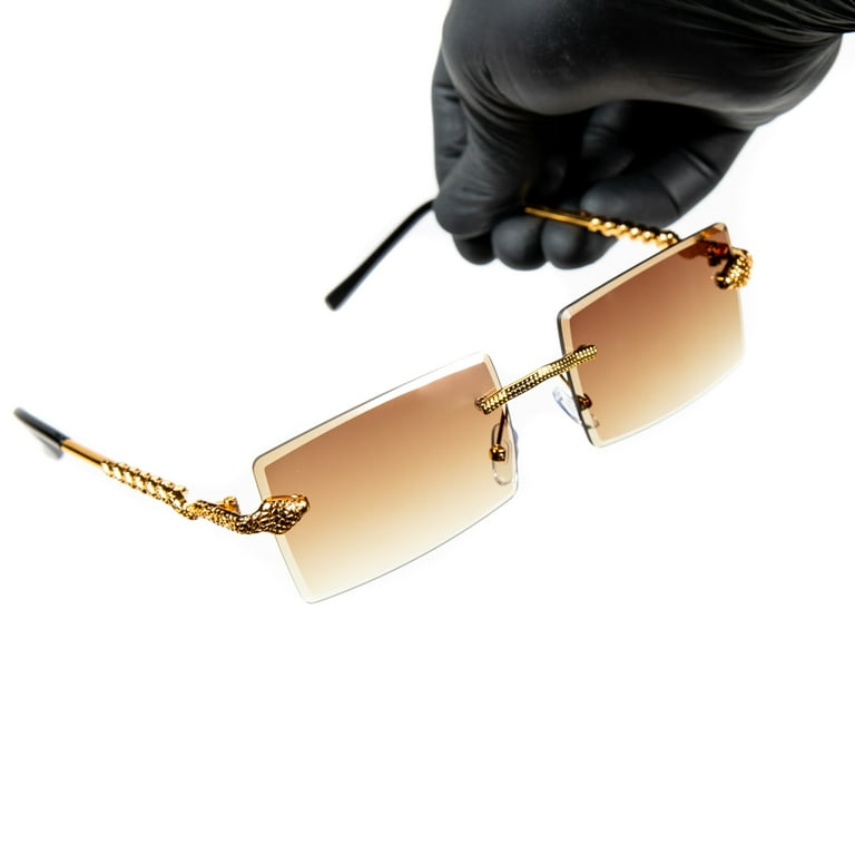 Men s Rimless Gold Frame Brown Orange Tint Stylish Hip Hop Sunglasses