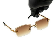 Men's Rimless Gold Frame Brown Tint Elegant Rectangular Hip Hop Sunglasses