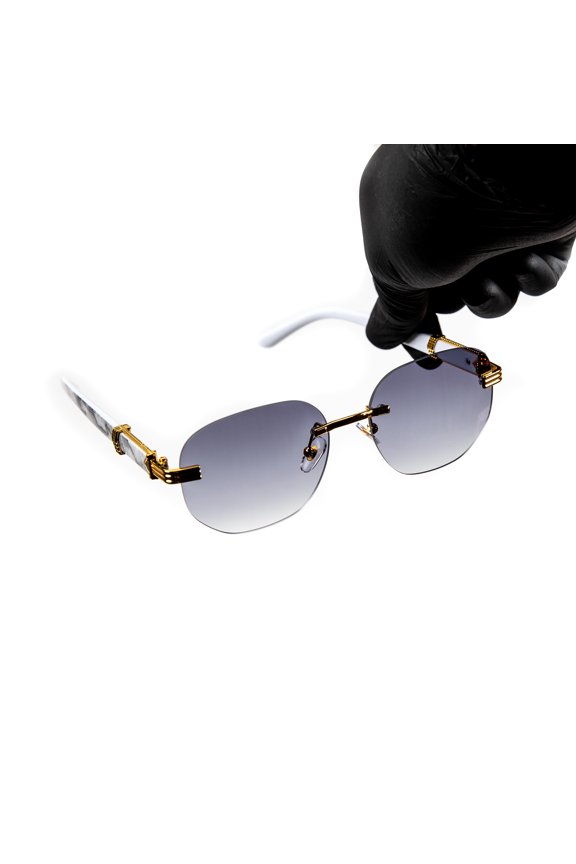 Men's Rimless Gold Frame Purple Gradient Tint Hip Hop Marble Arm Sunglasses​