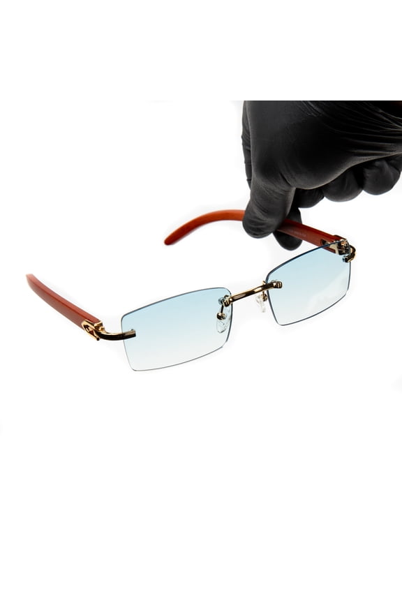 Men's Rimless Gold Frame Sky Blue Tint Hip Hop Woodgrain Sunglasses