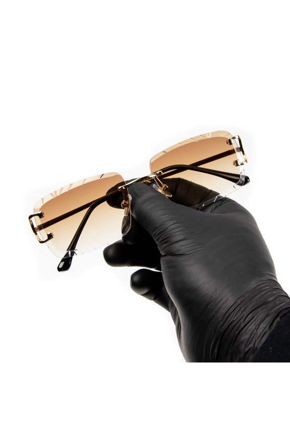 Men's Rimless Luxury Hip Hop Gem Cut Brown Tint Gold Frame Rectangle Sunglasses