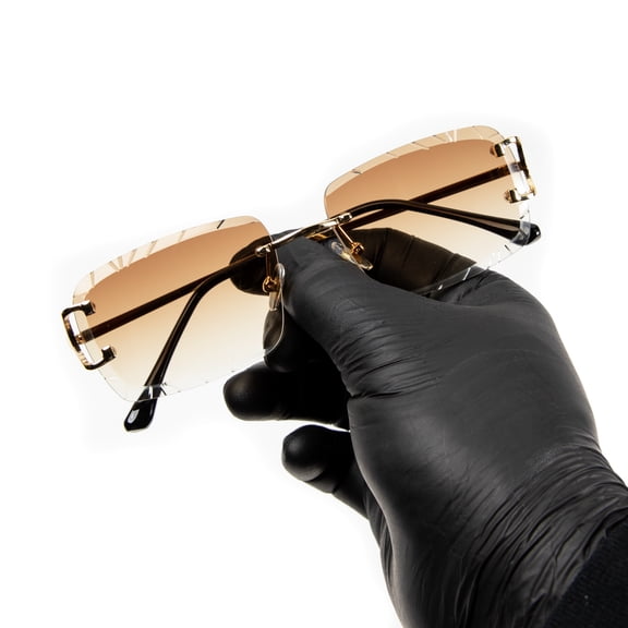 Men's Rimless Luxury Hip Hop Gem Cut Brown Tint Gold Frame Rectangle Sunglasses
