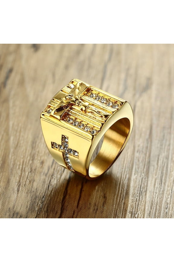 Men's Ring 14K Yellow Gold Jesus Cross High Quality Micro Pave CZ Rings For Men Women Religious Christian Jewelry