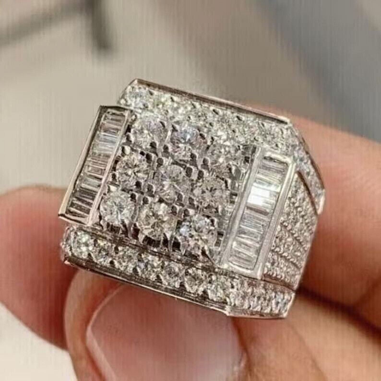 PASO JEWELS Men's Ring 2.20Ct Round Cut Lab Created Diamond Cluster Band 14k Solid White Gold