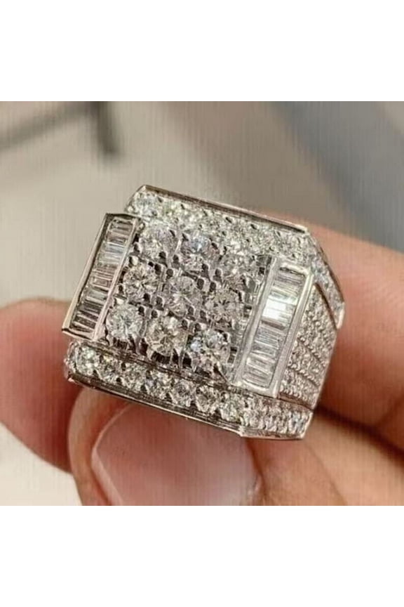 Men's Ring 2.20Ct Round Cut Lab Created Diamond Cluster Band 14k Solid White Gold