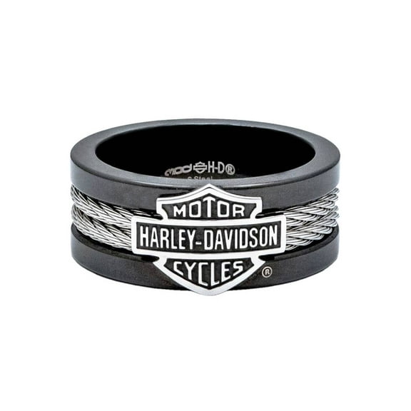 Men's Ring, Bar & Shield Steel Cable Band, Black HSR0021, Harley Davidson