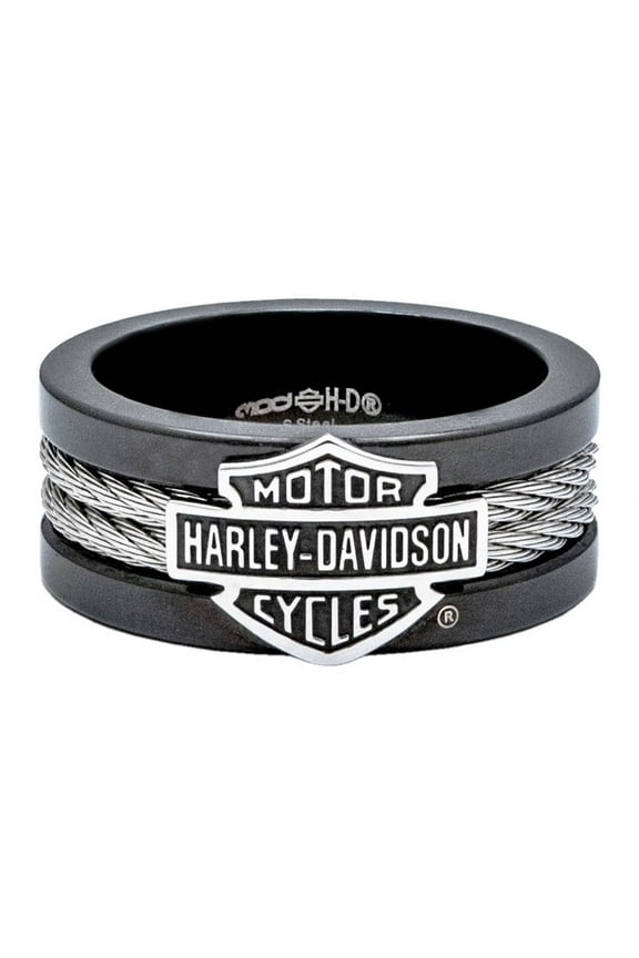 Men's Ring, Bar & Shield Steel Cable Band, Black HSR0021, Harley Davidson