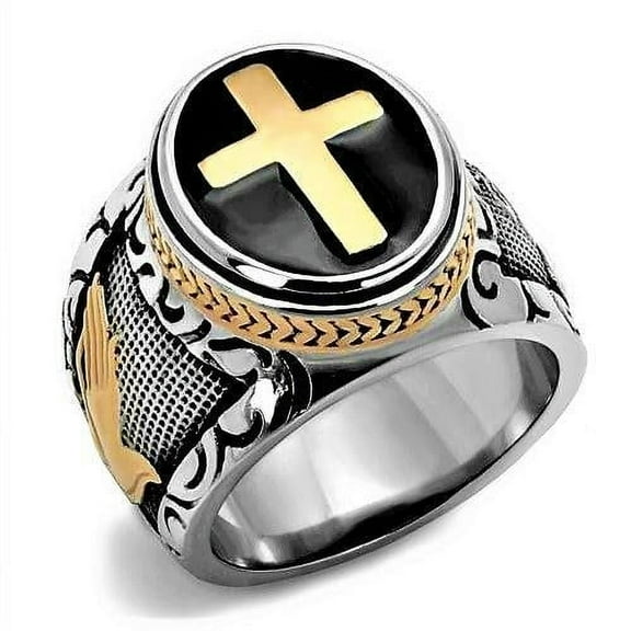 Men's Ring Cross Black Silver & Gold Stainless Steel Christian