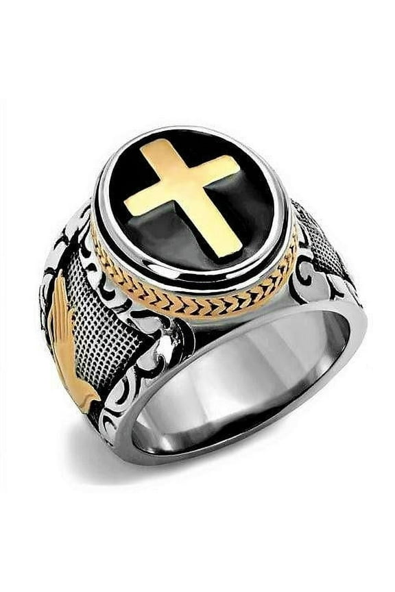 Men's Ring Cross Black Silver & Gold Stainless Steel Christian