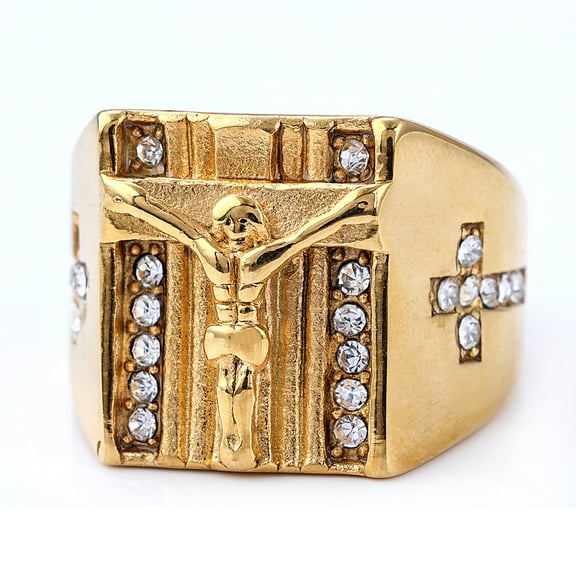 Men's Ring Golden Color Jesus Cross High Quality Micro Pave CZ 14K Yellow Gold Rings For Men Women Religious Christian Jewelry