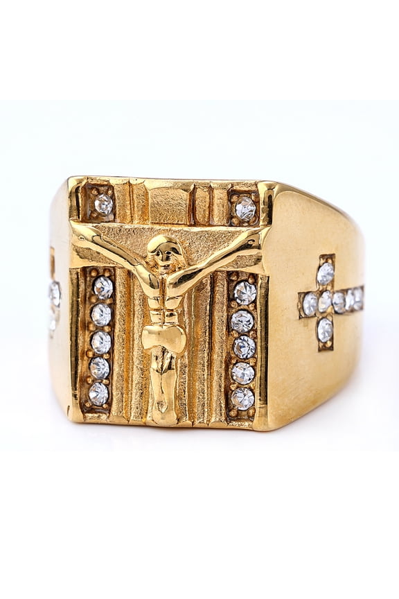 Men's Ring Golden Color Jesus Cross High Quality Micro Pave CZ 14K Yellow Gold Rings For Men Women Religious Christian Jewelry