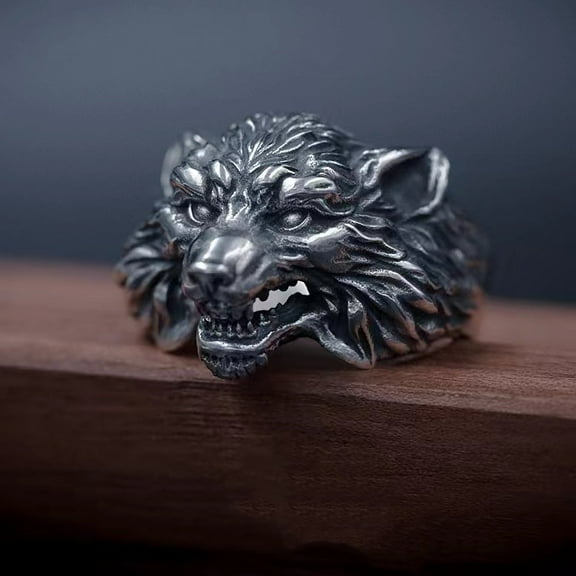 Men's Ring Norse Viking Nordic Wolf Head Rings, Fashion Open Adjustable Punk Wolf Statement Rings, Retro Wolf Totem Amulet Ring Vintage Animal Jewelry Halloween Christmas Gifts for Men