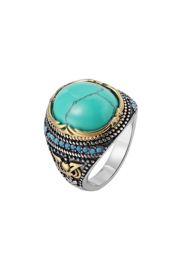 Men's Ring Stainless Steel Wedding Band Punk Ring Round Fashionable Exquisite Ring Turquoise Ring Titanium Steel Ring Personalized Ring Retro Ring