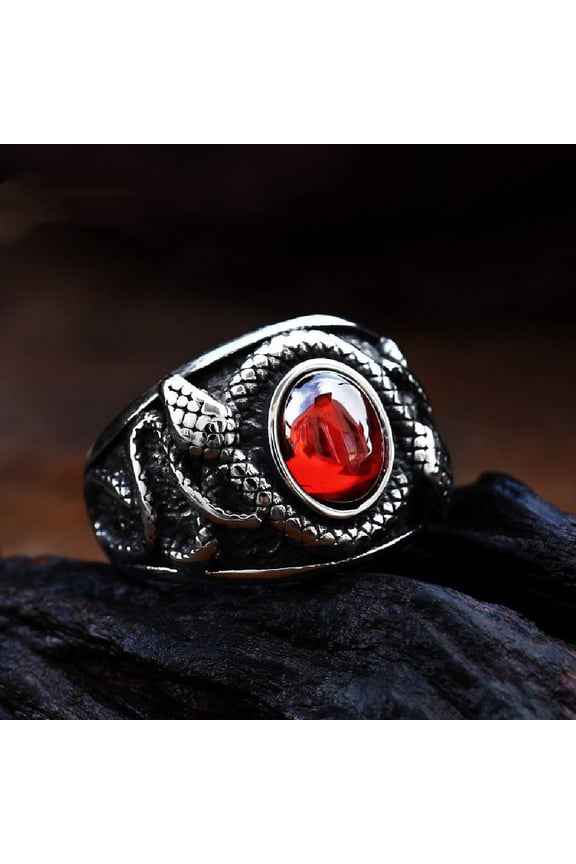 Men's Ring Titanium Steel Fashion Jewelry with Ruby and Black Gem Polished Retro Ring for Men Statement Anniversary Ring Gift for Him Size 8-14