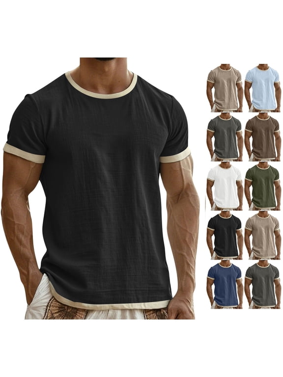 Men’s Ringer T Shirt Short Sleeve Contrast Trim Crew Neck Muscle Fit Casual Summer Cotton Tee Lightweight Breathable Workout Gym Streetwear Basic Top