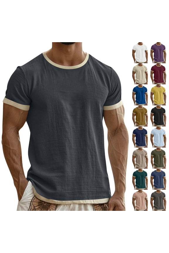 Men’s Ringer T Shirt Short Sleeve Contrast Trim Crew Neck Muscle Fit Casual Summer Cotton Tee Lightweight Breathable Workout Gym Streetwear Basic Top