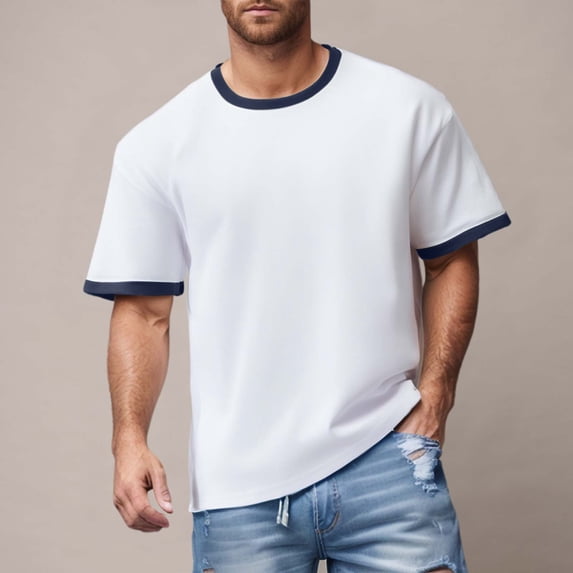 Men's Ringer Tee Crewneck T Shirts Short Sleeve (Blue XL)