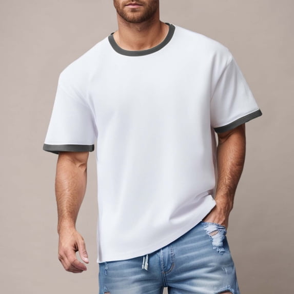 Men's Ringer Tee Crewneck T Shirts Short Sleeve (Grey L)