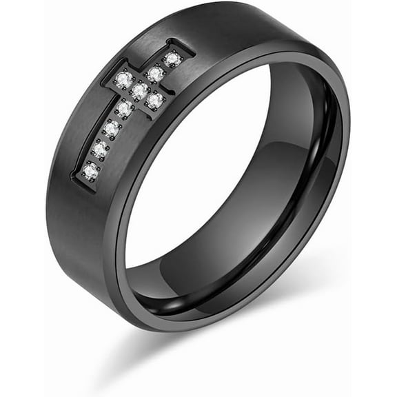 Men's Rings,Stainless Steel Cross Rings for Men 8MM Silver Black Rings Cubic Zirconia Prayer Rings Wedding Rings Statement Rings Highly polished Bands Rings Jewelry Gift for Men Father