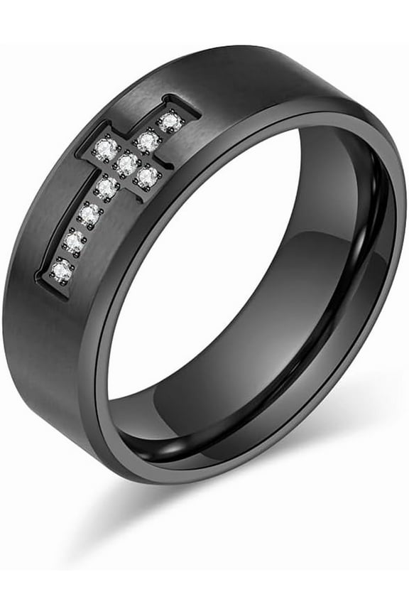 Men's Rings,Stainless Steel Cross Rings for Men 8MM Silver Black Rings Cubic Zirconia Prayer Rings Wedding Rings Statement Rings Highly polished Bands Rings Jewelry Gift for Men Father