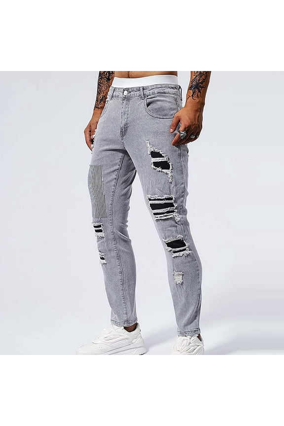 Men's Rinsing Casual Fashion Perforated Patch Pocket Solid Color Elastic Tight Fitting Small Leg Denim Pants