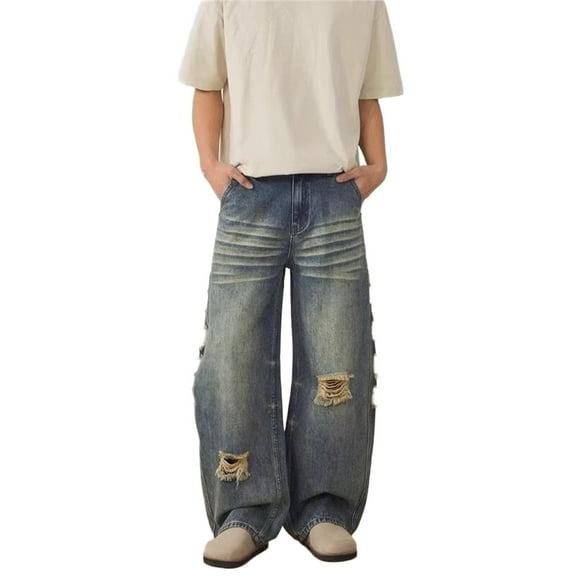 Men's Ripped Baggy Jeans Distressed Denim Pants Loose Fit Wide Leg Streetwear Hop Skater Trousers Casual Comfortable