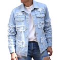 thumbnail image 1 of Men's Ripped Denim Trucker Jacket, Button Front Casual Jean Coat with Patch Long Sleeve Outerwear for Street Work Travel Daily, 1 of 8