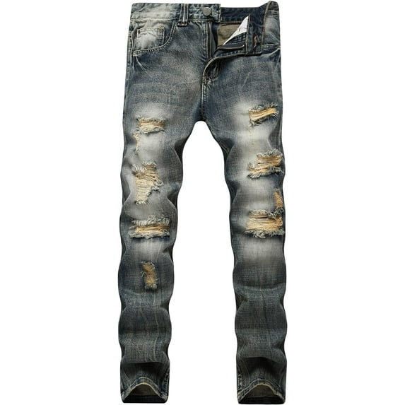Men's Ripped Distressed Destroyed Slim Fit Straight Leg Denim Jeans