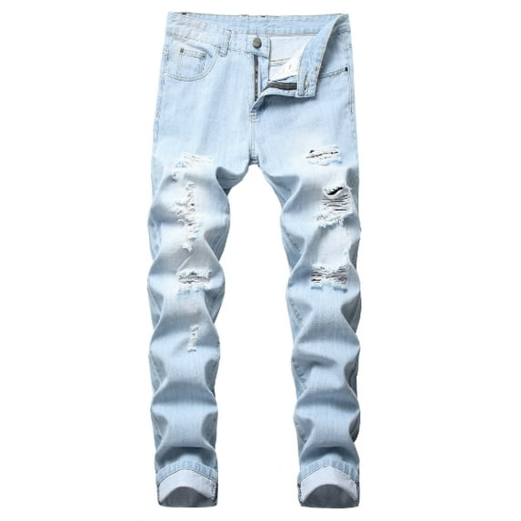Men's Ripped Distressed Destroyed Slim Fit Straight Leg Denim Jeans