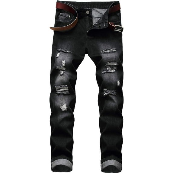 Men's Ripped Distressed Destroyed Slim Fit Straight Leg Denim Jeans