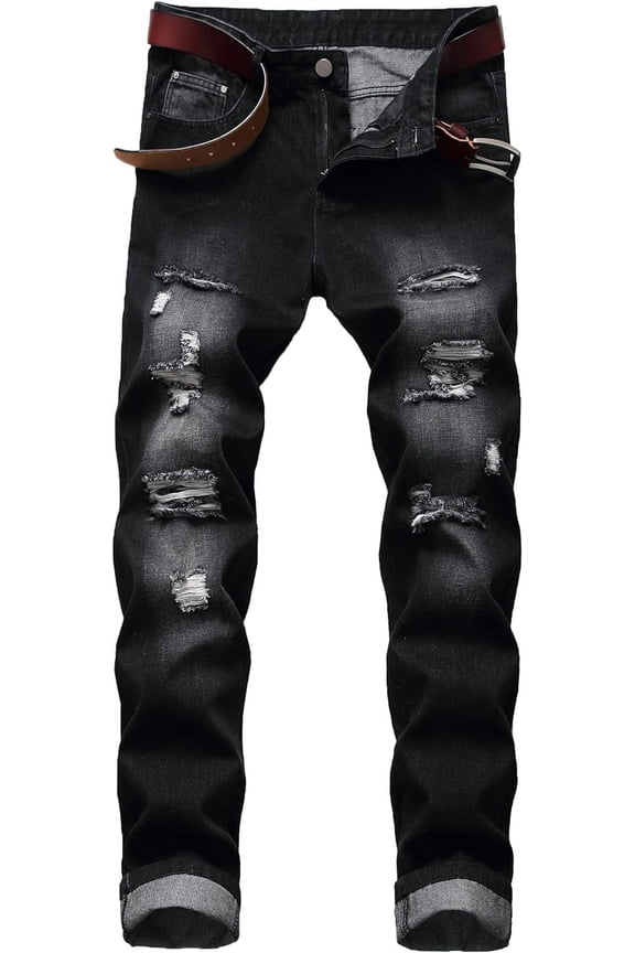 Men's Ripped Distressed Destroyed Slim Fit Straight Leg Denim Jeans