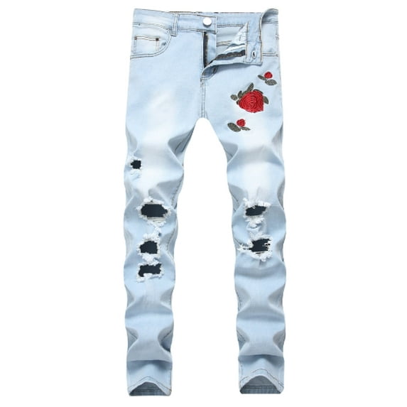 Men's Ripped Distressed Destroyed Slim Fit Straight Leg Denim Jeans