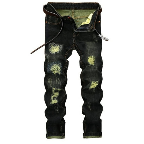 Men's Ripped Distressed Destroyed Slim Fit Straight Leg Denim Jeans