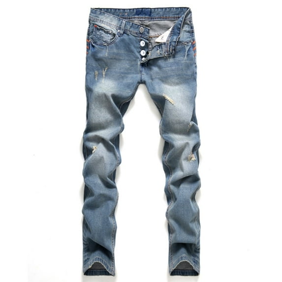 Men's Ripped Distressed Destroyed Slim Fit Straight Leg Denim Jeans