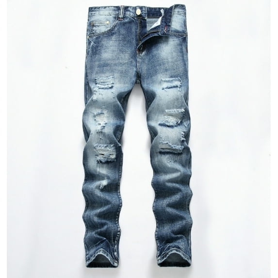 Men's Ripped Distressed Destroyed Slim Fit Straight Leg Denim Jeans