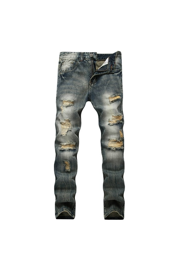 Men's Ripped Distressed Destroyed Straight Fit Washed Denim Jeans Pants Male Ripped Straight Leg Slim Fit Denim Pants