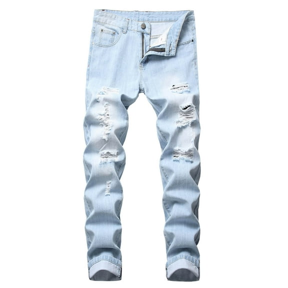 Men's Ripped Distressed Destroyed Straight Fit Washed Denim Jeans Pants Male Ripped Straight Leg Slim Fit Denim Pants