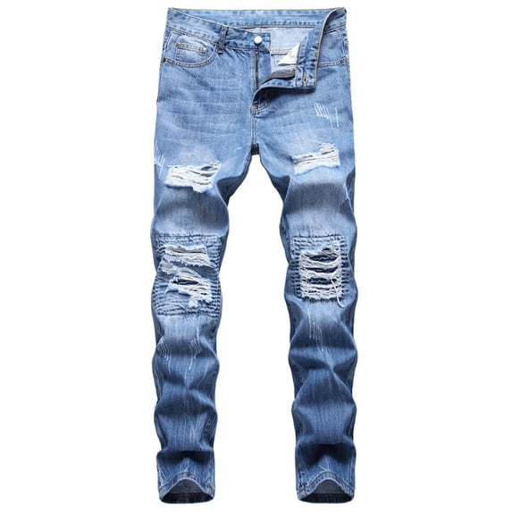 Men's Ripped Distressed Destroyed Straight Slim Fit Jeans Skinny Casual Fashion Denim Pants Size XS-6XL Blue