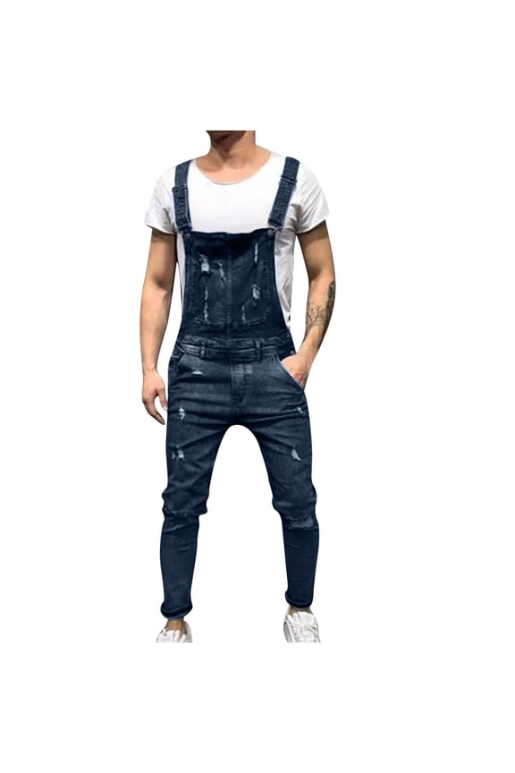 Men's Ripped Distressed Skinny Denim Overalls Dungarees Jeans Jumpsuits with Tool Pocket and Adjustable Strap Dark Blue