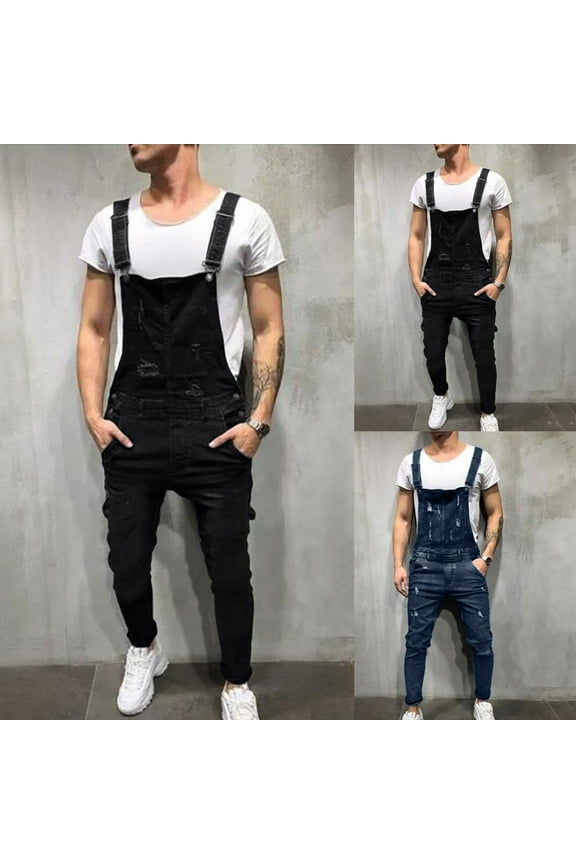 Men's Ripped Distressed Skinny Denim Overalls Dungarees Jeans Jumpsuits with Tool Pocket and Adjustable Strap Dark Blue