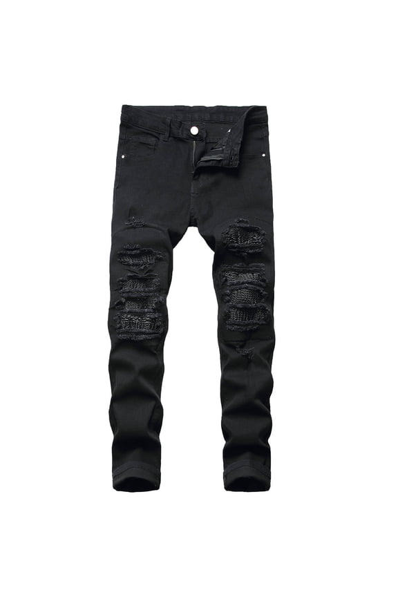 Men's Ripped Distressed Straight Leg Jeans Cotton Casual Pants Mesh Patch Ripped Full Length Cuffed Hem Jeans