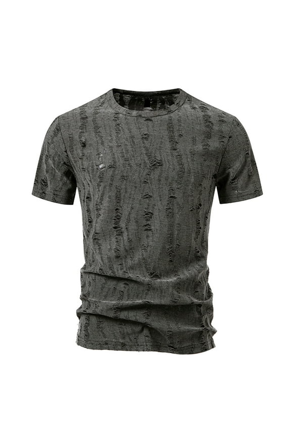Men's Ripped Holes T Shirts Summer Retro Distressed Short Sleeve Casual Hipster Hip Hop Shirts Fashion Streetwear