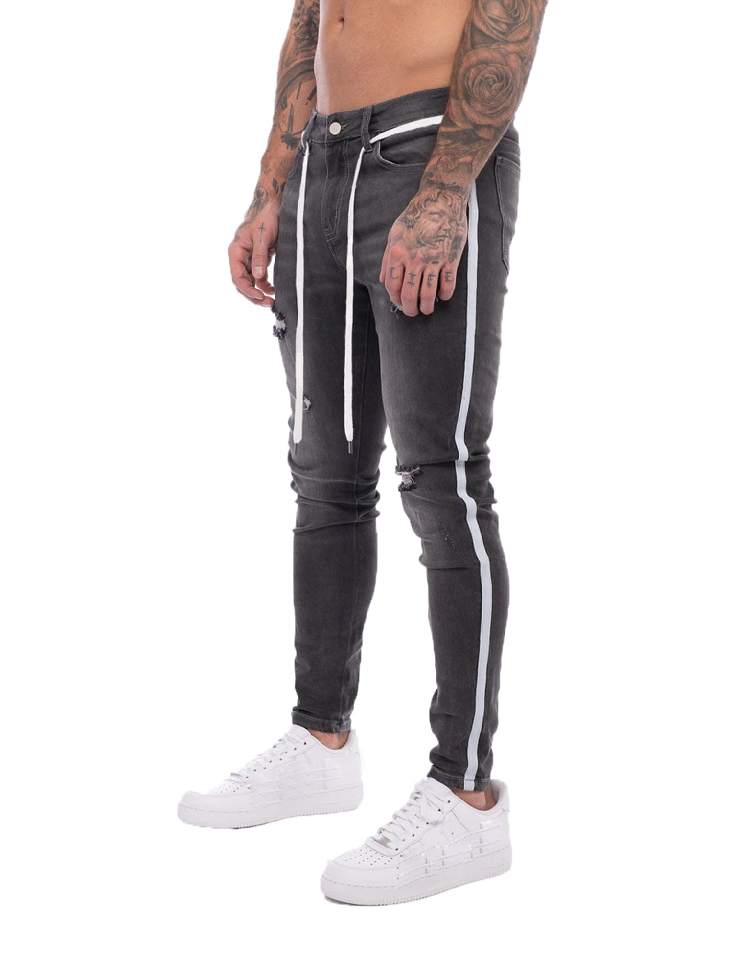 Men s Ripped Jeans Distressed Side Striped Denim Pants Destroyed Stretch Super Denim Jeans Plus Size Slim Fit Jeans