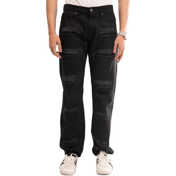 NOVASTILE Men's Ripped Straight-Leg Jeans, Jet Black Distressed 100% Cotton Denim