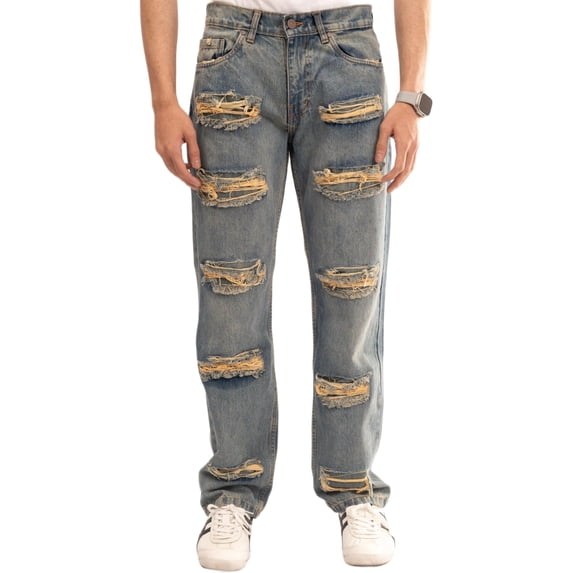 NOVASTILE Men's Ripped Straight-Leg Jeans, Vintage Tinted Wash 100% Cotton Denim