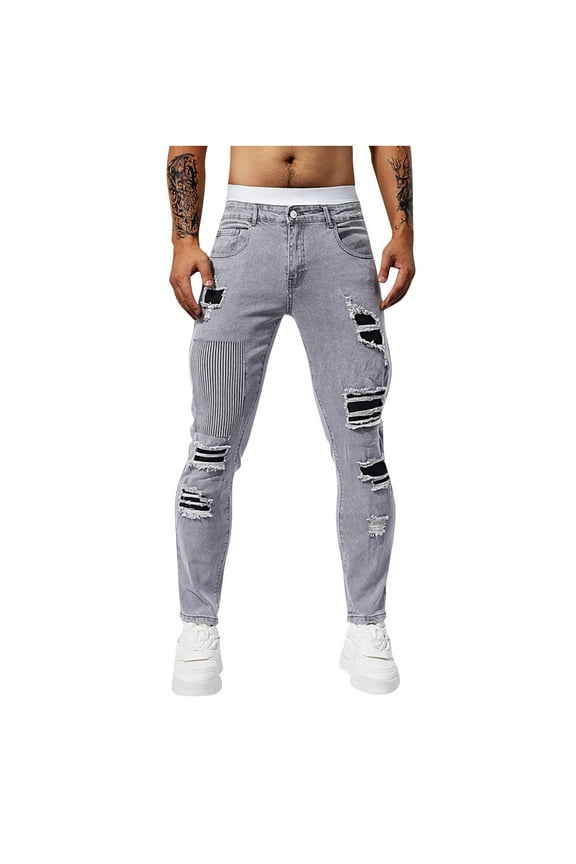 Men's Ripped Jeans Slim Fit Straight Leg Pocket Solid Color Elastic Tight Fitting Small Leg Denim Pants Gray