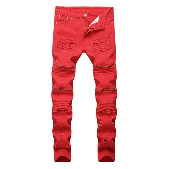 Men's Ripped Jeans Solid Color Straight Stretch Skinny Slim Fit Broken Casual Washed Denim Pants Trousers