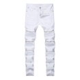 thumbnail image 1 of Men's Ripped Jeans Solid Color Straight Stretch Skinny Slim Fit Broken Casual Washed Denim Pants Trousers, 1 of 2