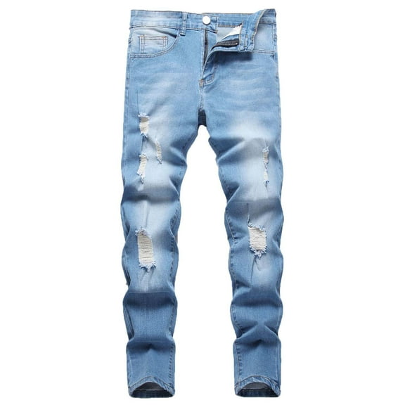 Men's Ripped Jeans Stretch Slim Fit Retro Straight Leg Distressed Comfort Flex Waist Fashion Biker Denim Pants