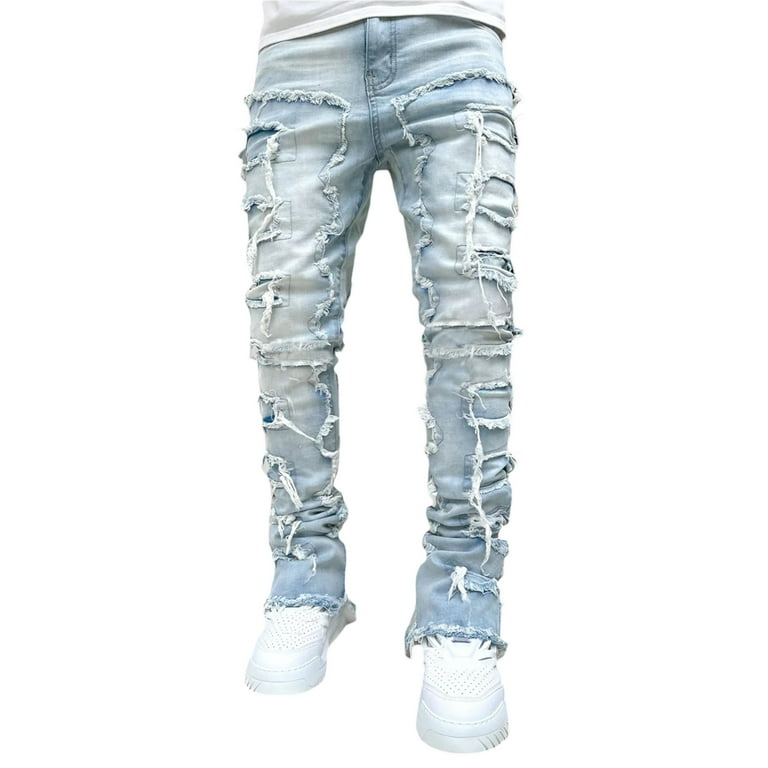 Men's Ripped Stacked Jeans Slim Fit Patch Distressed Destroyed Straight Leg  Denim Pants Streetwear